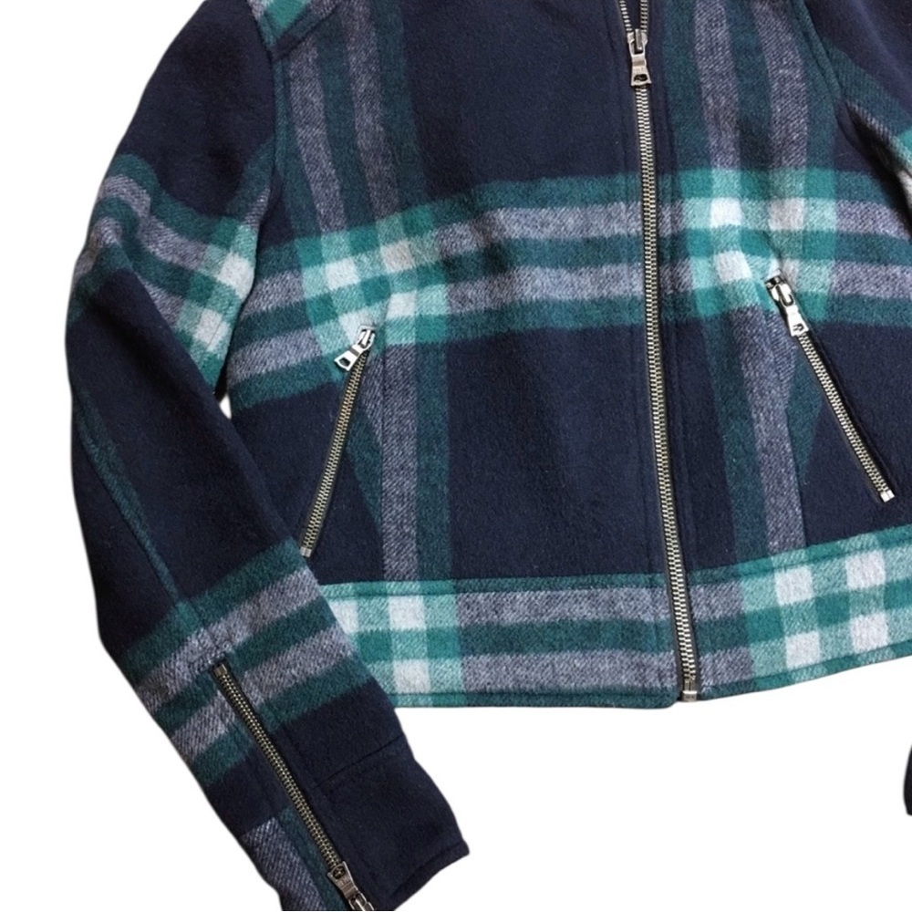 Gap Navy Blue Green Plaid Wool Blend Moto Jacket Quilted Inside Size Large - Picture 4 of 10